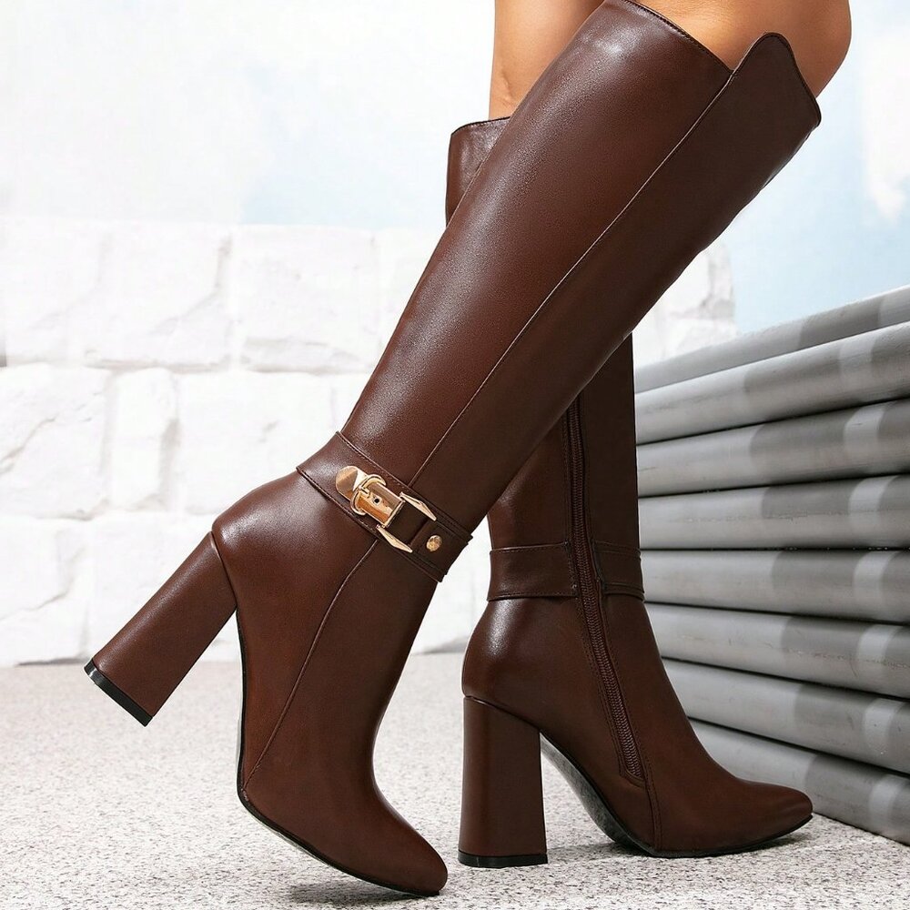 Brown Sexy Pointed Toe Chunky Heel Women's Dress Boots - Picture 4 of 7